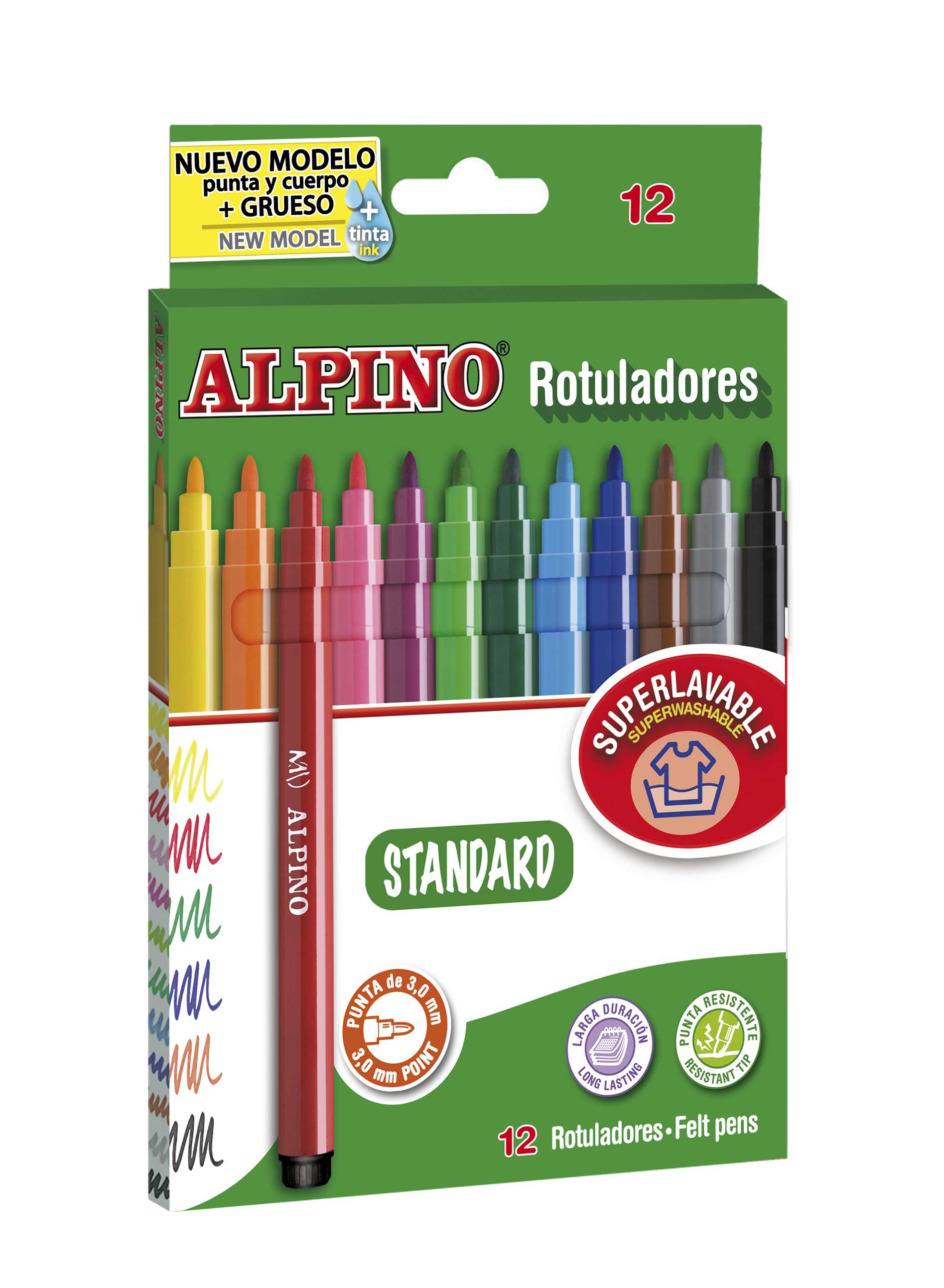 Alpino 12 Rotuladores de Colores Doble Punta  Rotulador Punta Gruesa 3,6mm  y Punta Fina 2,3mm